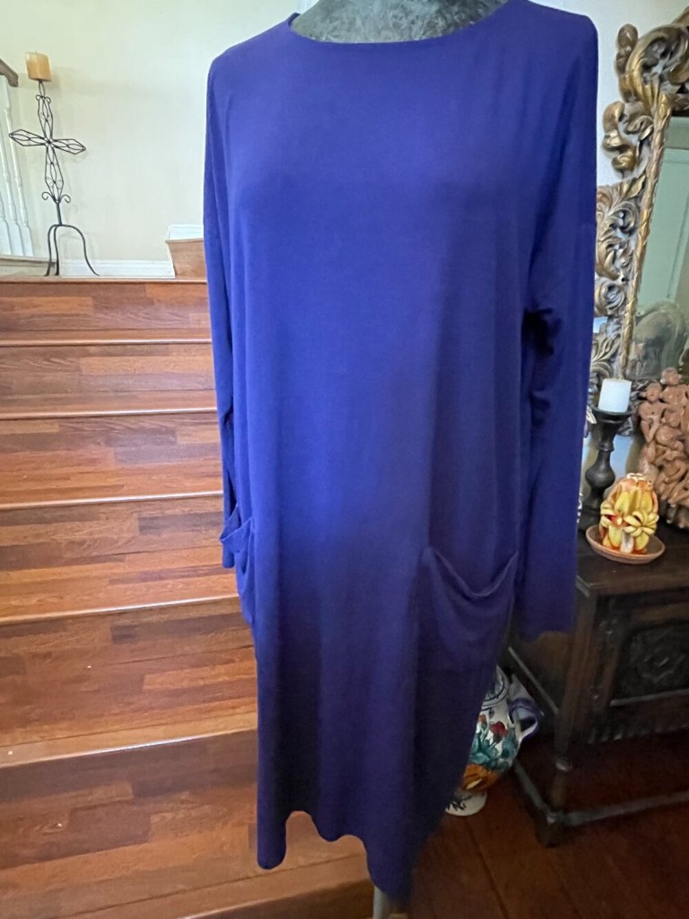 Eileen Fisher Dress Viscose Blue Jersey Long Slv Shift Dress Pockets L USA Made